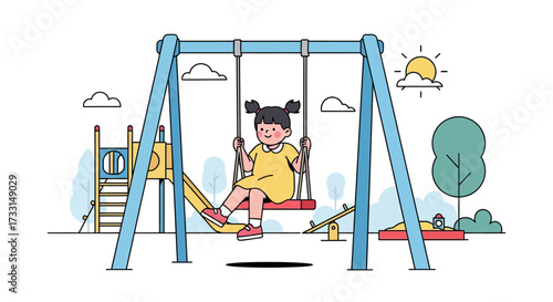 Happy child playing on a swing set in a sunny playground.