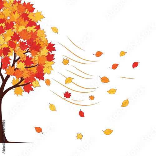 Illustration of a tree with colorful autumn leaves blowing in the wind against a white background.