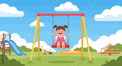 Happy child swinging on a colorful playground swing set.