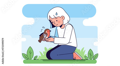 Woman kneeling on grass holding a small bird with care and compassion.