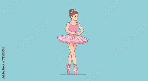 Young ballerina standing on tiptoes in pink tutu and ballet shoes.