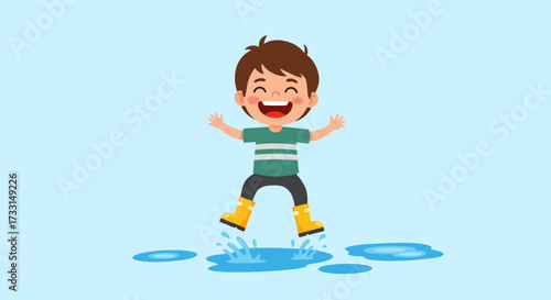 A happy cartoon boy jumping in a puddle of water.