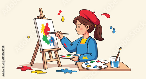 Young female artist painting on canvas with vibrant colors.