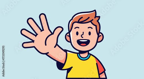 Cartoon boy waving hand in greeting gesture.