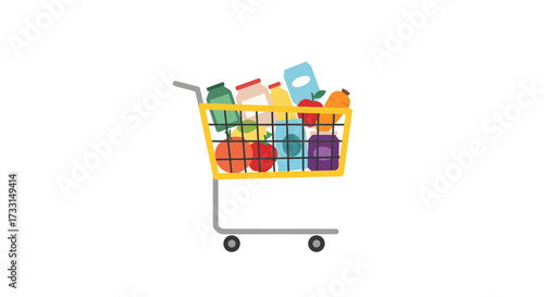 Shopping Cart Overflowing with Groceries and Household Items.