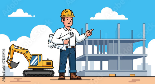 Construction worker standing on a building site with excavator.