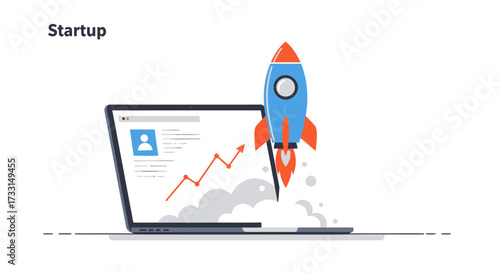 Startup success Rocket launching from laptop screen symbolizing business growth.