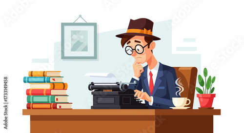 Pensive Writer in Fedora at Desk with Vintage Typewriter & Books. Creative Professional Working. Flat Vector Illustration.