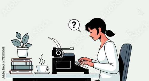 Woman typing on vintage typewriter at desk with books and coffee.