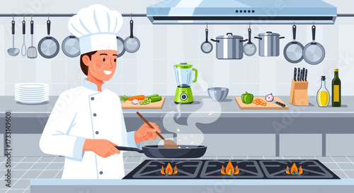 Smiling chef in uniform cooking on a gas stove in a modern professional kitchen, preparing a delicious meal.