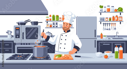 Professional Chef Cooking in Modern Kitchen with Fresh Ingredients Illustration