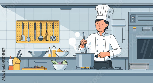 Professional Chef Cooking in Modern Kitchen. Culinary Expert Preparing Food. Restaurant Kitchen Scene Flat Illustration.