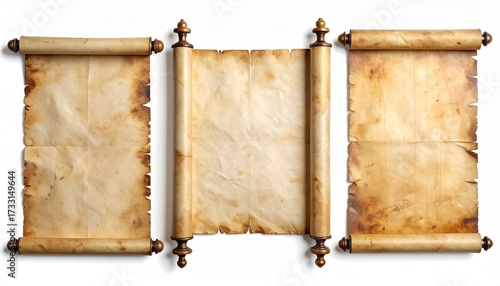Three aged parchment scrolls unfurled, ready for text, with ornamental wooden handles