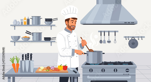 Professional Male Chef Cooking in Restaurant Kitchen. Culinary Expert Preparing Meal on Stove. Flat Vector Illustration.