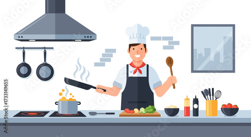Smiling Male Chef Cooking in Modern Kitchen. Professional Cook Prepares Meal with Pan, Pot, & Fresh Ingredients. Culinary Art.