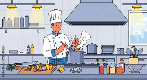 Professional Male Chef Cooking Meal in a Commercial Restaurant Kitchen. Culinary Expert Preparing Food on Stove with Fresh Ingredients.