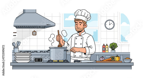 Professional Male Chef Cooking in Modern Kitchen. Happy cook preparing a meal on the stove with fresh ingredients. Cartoon illustration.