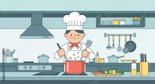Happy cartoon chef cooking in a professional kitchen, stirring a pot on the stove with fresh ingredients and utensils.