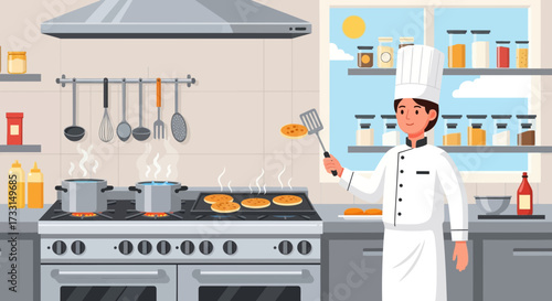 Smiling Chef Flipping Pancakes in Professional Kitchen. Culinary Expert Cooking Breakfast. Flat Vector Illustration.