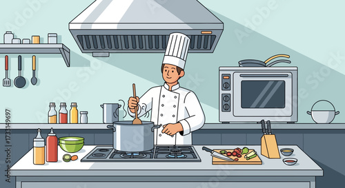 Professional Chef Cooking in Modern Kitchen. Cartoon Man Stirring Pot on Stove, Preparing Delicious Meal.