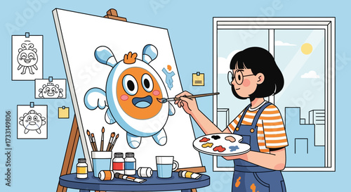 Young Artist Painting Cute Cartoon Character on Easel with Art Supplies