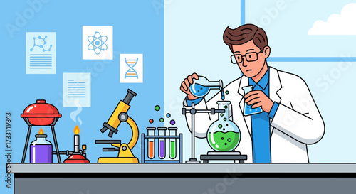 Scientist conducting chemistry experiment in laboratory with glassware and microscope. Scientific research and development illustration.