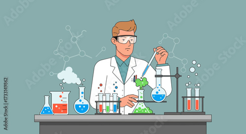 Scientist in lab coat and goggles mixing chemicals in flasks. Chemistry experiment, research, and scientific discovery concept.