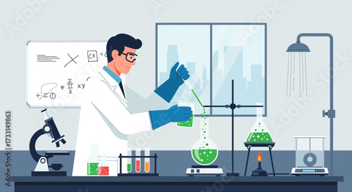 Scientist Performing Chemistry Experiment in Laboratory. Research & Development Flat Vector Illustration.