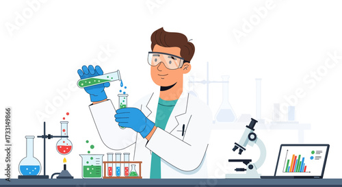 Scientist in Lab Conducting Chemistry Experiment, Mixing Liquids in Test Tube with Research Equipment