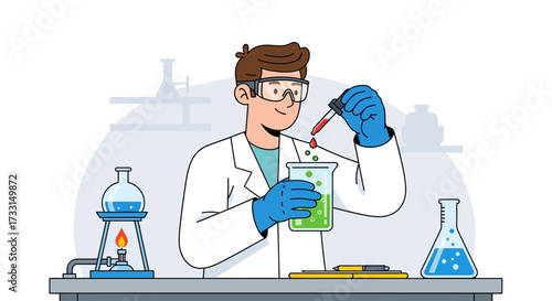 Male Scientist Conducting Chemistry Experiment in Lab with Beaker, Dropper, and Flasks