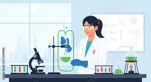 Female Scientist in Lab Coat and Goggles Conducting Chemistry Experiment with Lab Equipment and Solutions