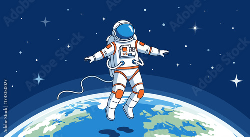 Astronaut in spacesuit floating above Earth in deep space with stars, cosmic exploration and adventure illustration