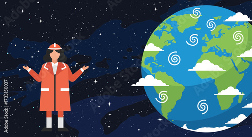 Global Climate Change: Concerned Person Observing Earth with Numerous Storms and Extreme Weather Events