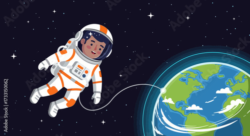 Cartoon Child Astronaut Floating in Space Connected to Earth, Stars Background, Space Exploration Concept