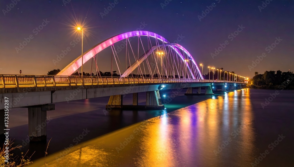 Naklejka premium Illuminated Arch Bridge Over Dark Water Reflecting Lights At Night Time With Street Lamps And City Skyline Silhouette In Background