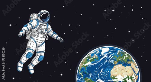 Astronaut in spacesuit exploring outer space near Earth, surrounded by stars