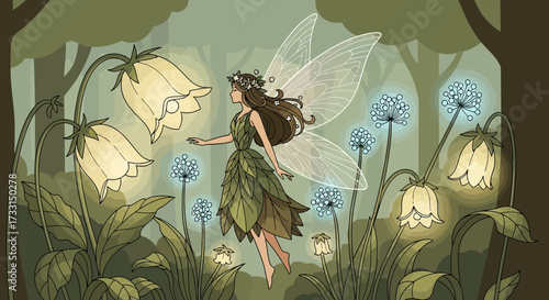 Enchanted Forest Fairy Amidst Glowing Bell Flowers and Magical Ethereal Plants Illustration