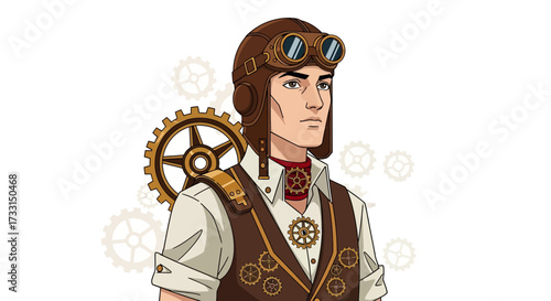 Steampunk male character with goggles and mechanical accessories.