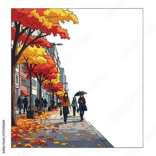 Vibrant autumn scene of people walking on a leaf-strewn sidewalk lined with colorful trees and buildings on a rainy day.