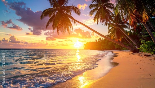 Fototapeta Naklejka Na Ścianę i Meble -  Tropical beach at sunset, palms, gentle waves, golden light, sandy shore, and colorful sky