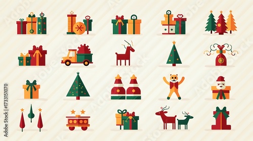 Vibrant Christmas icons featuring festive gifts, trees, and cheerful characters for holiday designs