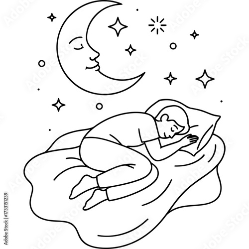 Peaceful slumber illustration of a person sleeping soundly in a cozy bed under a dreamy night sky with a smiling moon and stars