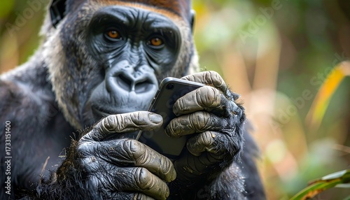 Gorilla using smartphone in jungle