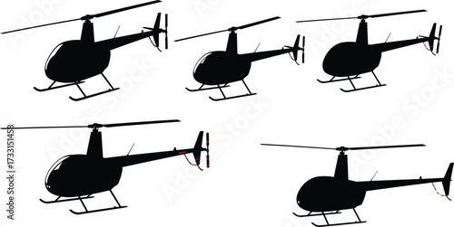 Set of helicopter silhouettes, aviation transport vector, black chopper icons, rotor aircraft design, flying vehicle illustration, modern helicopter collection