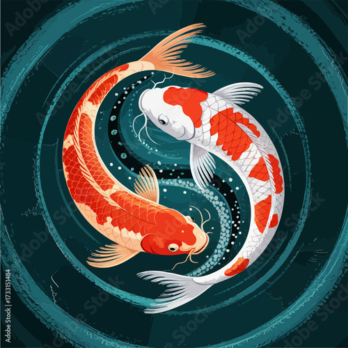 Yin yang koi circle, stylized carp duo, teal water swirl, Japanese inspired motif, tranquil movement, ornamental aquatic illustration
