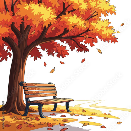 Illustration of a wooden park bench under a vibrant autumn tree with colorful leaves falling around it on a white background.