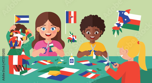 Children making crafts with flags from different countries.