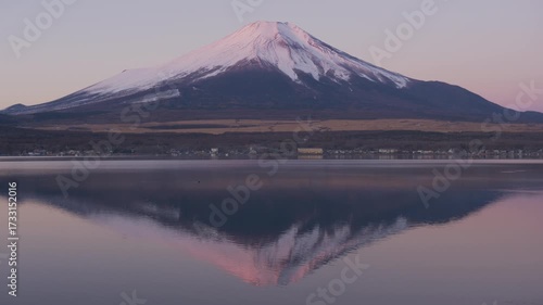 Mount Fuji Tinged Pink Reflected in Lake at Sunrise (ZOOM IN)