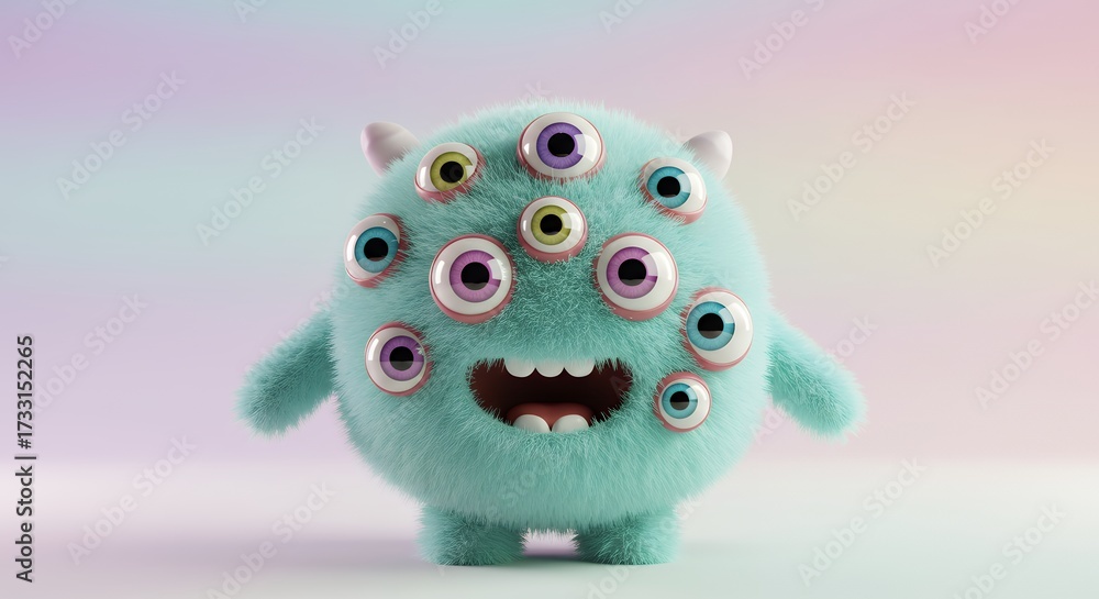 Fototapeta premium Monster with multiple eyes, all blinking cheerfully, pastel rainbow background