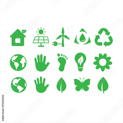 Green Sustainability Symbols for Clean Energy and Environmental Awareness
